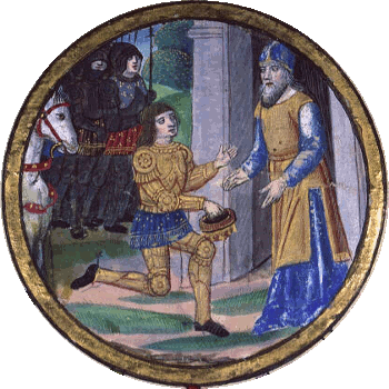 Alexandre agenouillé devant le grand prêtre - 'Chronique universelle' - XVIe siècle - Manuscrit de la bibliothèque Sainte-Geneviève Alexandre agenouillé devant le grand prêtre - 'Chronique universelle' - XVIe siècle - Manuscrit de la bibliothèque Sainte-Geneviève