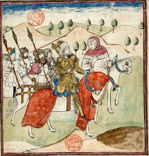 Alexandre le Grand chevauchant avec Aristote et son armée - 'La fleur des histoires' - Bibliothèque Mazarine