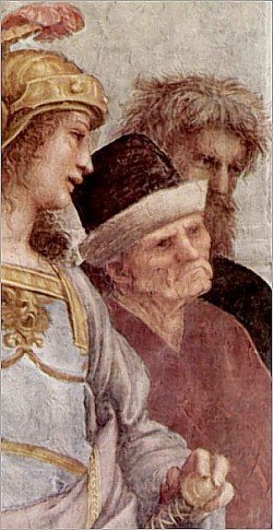 Xénophon, à la gauche d’Alcibiade (ou Alexandre ?) – détail de la fresque de L’École d’Athènes, par Raphaël – Musée du Vatican