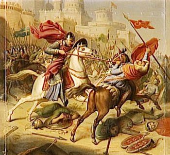 Combat singulier entre Robert de Normandie et un guerrier sarrasin sous les murs de la ville d'Antioche assiégée par les croisés - Peinture à l'huile de Jean-Joseph Dassy (1796-1865)
