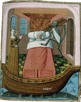 La mort du pèlerin, dans 'Le pèlerinage de l'âme' : manuscrit du XVe siècle – Bibliothèque de Soissons