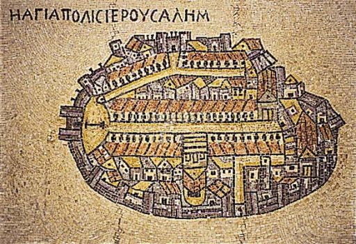 ’La ville sainte de Jérusalem’ représentée sur la mosaïque de Madaba (Jordanie) ’La ville sainte de Jérusalem’ représentée sur la mosaïque de Madaba (Jordanie)
