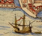 Navire du XVIe siècle au mouillage - Gravure de Braun and Hogenberg - 1572 Navire du XVIe siècle au mouillage - Gravure de Braun and Hogenberg - 1572