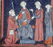 Pèlerin de retour réclamant sa femme remariée devant le juge - [Manuscrit du XIIIe siècle]