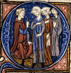 Pèlerin de retour réclamant sa femme remariée devant le juge - [Manuscrit du XIIIe siècle]