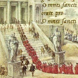 Arrivée de la procession de la Fête-Dieu à l’ancienne basilique Saint-Pierre de Rome – Livre d’heures du cardinal Farnèse - 1546