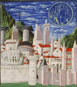 Rome, cité de Dieu et cité terrestre - Manuscrit de la bibliothèque Sainte–Geneviève. Sur la miniature sont notamment représentés la colonne de Marc Aurèle, la colonne Trajane et le Panthéon. Rome, cité de Dieu et cité terrestre - Manuscrit de la bibliothèque Sainte–Geneviève. Sur la miniature sont notamment représentés la colonne de Marc Aurèle, la colonne Trajane et le Panthéon.