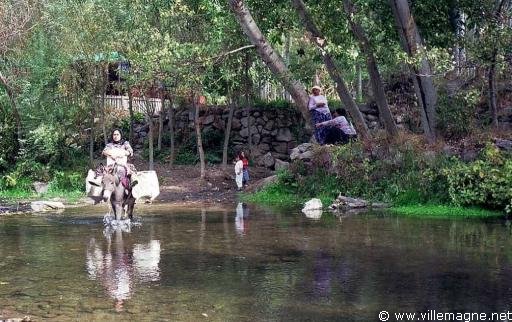 Une femme transporte la récolte de pommes après la cueillette dans le verger de l’autre côté de la rivière au hameau de Belisarma - Turquie Une femme transporte la récolte de pommes après la cueillette dans le verger de l’autre côté de la rivière au hameau de Belisarma - Turquie