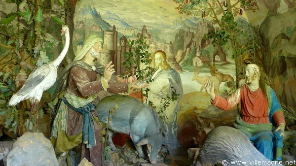 Au seuil de sa vie publique, Jésus est tenté par le démon - Sous les traits de l’homme sur la gauche de la scène, le Démon lui présente une pierre en lui disant : « Si tu es vraiment Dieu, change cette pierre pour qu’elle soit transformée en pain ! » alors que Jésus vient de jeûner 40 jours au désert Au seuil de sa vie publique, Jésus est tenté par le démon - Sous les traits de l’homme sur la gauche de la scène, le Démon lui présente une pierre en lui disant : « Si tu es vraiment Dieu, change cette pierre pour qu’elle soit transformée en pain ! » alors que Jésus vient de jeûner 40 jours au désert