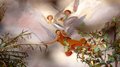 Au ciel, les anges guident la sainte Famille dans sa fuite en Égypte