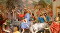 Juché sur un âne, Jésus entre à Jérusalem, acclamé par la foule qui le condamnera à mort quelques jours plus tard. Une entrée commémorée chaque année le dimanche des Rameaux