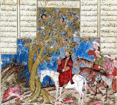 Iskander(Alexandre) conversant avec l'arbre waq-waq – illustration du Shanamêh, le Livre des rois - XIVe siècle
