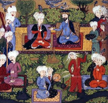 Alexandre en conversation avec un khan – Illustration des Cinq Poèmes de Nizami – miniature persane du XVIe siècle – British Library