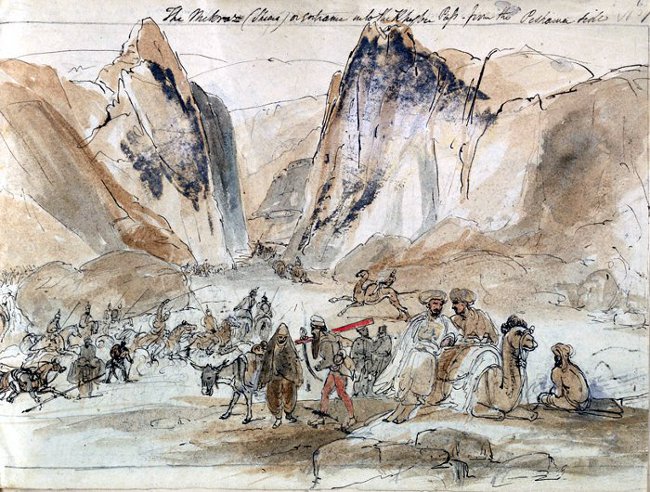 Col de Khyber, près de Peshawar : un des passages empruntés par l’armée d’Alexandre au début de la campagne indienne – Aquarelle de James Atkinson – 1840 – British Library