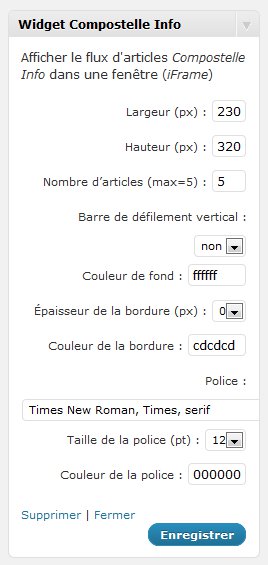 Configuration du widget ‘Compostelle Info’ Configuration du widget ‘Compostelle Info’