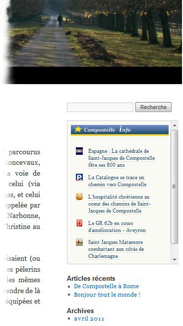 Exemple d’intégration du widget ‘Compostelle Info’ dans un blog Wordpress Exemple d’intégration du widget ‘Compostelle Info’ dans un blog Wordpress