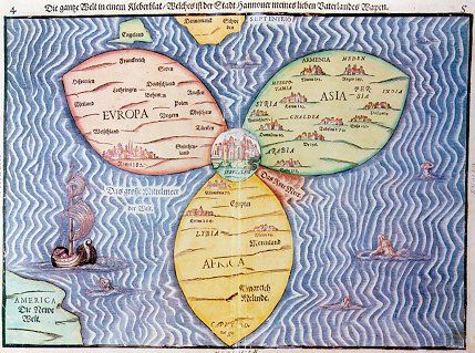 ’Le monde dans une feuille de trèfle, qui est la crête de la ville de Hanovre, ma patrie bien-aimée.’ - Heinrich Bunting ’Le monde dans une feuille de trèfle, qui est la crête de la ville de Hanovre, ma patrie bien-aimée.’ - Heinrich Bunting